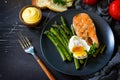 Salmon fish steak grilled with asparagus, poached egg