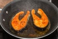 Salmon fish steaks fried in a frying pan Royalty Free Stock Photo