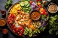 Salmon fish taco salad bar with hot pepper sauce . Generative Ai