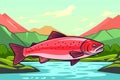 Salmon fish in wild nature. Fishing or camping theme vintage vector illustration with mountain, river and forest Royalty Free Stock Photo