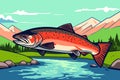 Salmon fish in wild nature. Fishing or camping theme vintage vector illustration with mountain, river and forest Royalty Free Stock Photo