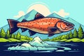 Salmon fish in wild nature. Fishing or camping theme vintage vector illustration with mountain, river and forest Royalty Free Stock Photo