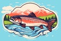 Salmon fish in wild nature. Fishing or camping theme vintage vector illustration with mountain, river and forest