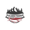 Salmon fishing. Salmon on background with mountains. Design element for logo, label, emblem, sign. Royalty Free Stock Photo