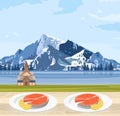 Salmon food Norway national cuisine and mountains landscape Vector