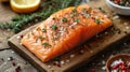 Salmon. Fresh raw salmon fish fillet with cooking ingredients, herbs and lemon Royalty Free Stock Photo