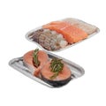 Salmon, fresh shrimp in a plastic plate cut out isolated white background with clipping path Royalty Free Stock Photo