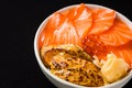 Salmon and Goose Liver Don It`s a Japanese style food. Raw, salmon fillet in orange, sliced, showing a distinctly white pattern o Royalty Free Stock Photo