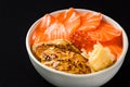 Salmon and Goose Liver Don It`s a Japanese style food. Raw, salmon fillet in orange, sliced, showing a distinctly white pattern o Royalty Free Stock Photo