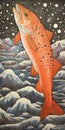 Cosmic Trout: A Pointillism Illustration Of An Orange Trout In Water