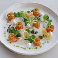 Salmon gravlax, salt and sugar cured fresh salmon in a serving plate with leaves and garnish, fine dining