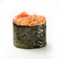 Salmon gunkan seaweed sushi maki on white background. Delicacy gourmet snacks.