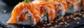 Salmon Hosomaki Sushi, Small Maki Sushi Rolls with Raw Trout, Cucumber, Rice, Sesame And Nori Royalty Free Stock Photo