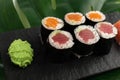Salmon Hosomaki Sushi or Thin Maki Sushi Rolls Isolated Royalty Free Stock Photo