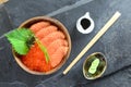 Salmon and Ikura in wood bowl