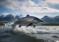 Salmon jumping out of water in Alaskan river. Generative Ai Royalty Free Stock Photo