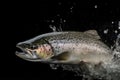 Salmon jumping out of the water on a black background. Underwater animals. Illustration, Generative AI Royalty Free Stock Photo