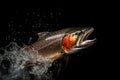 Salmon jumping out of the water on a black background. Underwater animals. Illustration, Generative AI Royalty Free Stock Photo