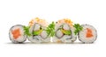 Salmon maki sushi and california rolls