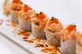 Salmon Maki Topping with Salmon Tatare and Ebiko