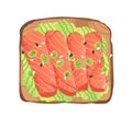 Salmon and mashed avocado toast. Healthy sandwich with red fish pieces, capers, sesame seeds on bread slice, top view