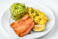 Salmon, mashed potato and cucumber salad on plate Royalty Free Stock Photo