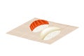 Salmon Nigiri and Squid Nigiri on Bamboo Mat