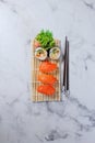 Salmon nigiri and sushi on a bamboo tray Royalty Free Stock Photo