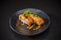 Salmon Nigiri, Sushi salmon burned and topped with Shrimp Eggs