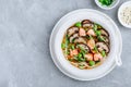 Salmon Noodle Soup with shiitake mushrooms, edamame beans and green onion Royalty Free Stock Photo