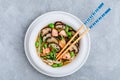 Salmon Noodle Soup with shiitake mushrooms, edamame beans and green onion Royalty Free Stock Photo