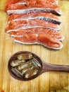 Salmon oil capsules Royalty Free Stock Photo