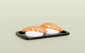 Salmon onigiri sushi on food tray, japanese food isolated concept, 3d render illustration Royalty Free Stock Photo