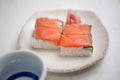 Salmon oshizushi and sake Royalty Free Stock Photo