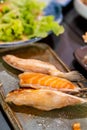 Salmon Otoro or Salmon Toro Japanese Food on the Clay Tray