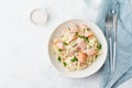 Salmon pasta, tagliatelle with fish and creamy sauce. Italian dinner with seafood Royalty Free Stock Photo