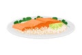 Salmon Piece with Rice and Sliced Lime Served on Plate Vector Illustration