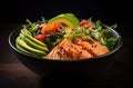Salmon poke with avocado, seaweed, pickled carrots and cucumber
