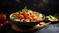 Salmon poke bowl diced fish, fresh veggies, on a rice base, a nutritious and flavorful meal.