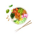 Salmon poke bowl with rice, wakame and cucumber, radishes, carrots, chickpeas and other vegetables