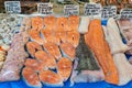 Salmon, prawns and other fish for sale Royalty Free Stock Photo