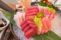 Salmon raw sashimi sushi on plate, japanese food Royalty Free Stock Photo