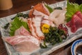 Salmon raw sashimi sushi with shrimp on plate, japanese food Royalty Free Stock Photo