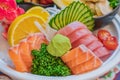 Salmon raw sashimi sushi with shrimp on plate, japanese food Royalty Free Stock Photo