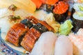 Salmon raw sashimi sushi with shrimp on plate, japanese food Royalty Free Stock Photo