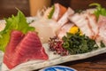 Salmon raw sashimi sushi with shrimp on plate, japanese food Royalty Free Stock Photo