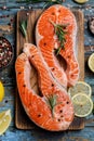 Salmon. Raw trout red fish steak with ingredients for cooking. Cooking Salmon, sea food. Healthy eating concept Royalty Free Stock Photo