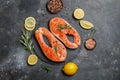 Salmon. Raw trout red fish steak with ingredients for cooking. Cooking Salmon, sea food. Healthy eating concept Royalty Free Stock Photo