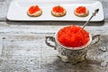 Salmon red caviar in silver bowl