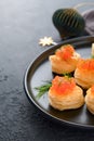 Salmon red caviar toast. Christmas canape or toast with red caviar on black plate on dark background. Idea to xmas snack. Gourmet Royalty Free Stock Photo